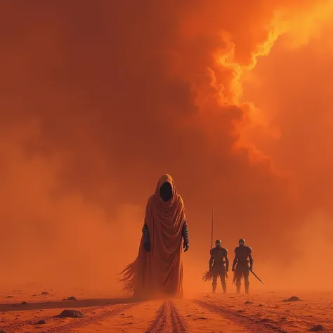 A desert of red earth, with a red sky with orange tones with a barely visible humanoid figure covered by a cloak of skin that covers his entire body in a sandstorm fighting against two hunters from a desert world with armor that prevents water loss, desert...