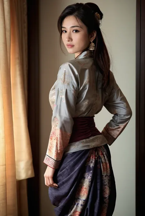 a beautiful matured japanese woman, dark makeup, fair skinned, bunned up hair, harem shalwar, 
printed harem salwar, balloony harem salwar, intricate pleats in harem salwar, plain shirt tucked in, corset, high heel boots, tall boots, 34 28 32, gentle light...