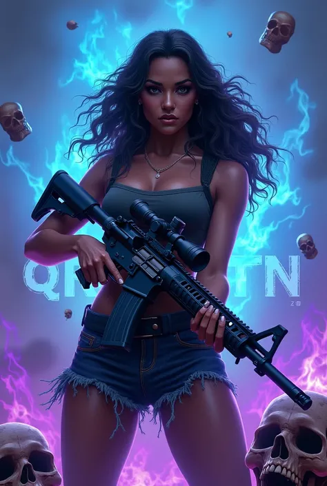 Woman with dark skin, wavy hair, holding a rifle. Blue and purple fire background with gun clips and bombs. Word QRTN on the background. Lilac skulls on the background.