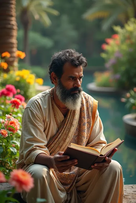 Create an 8K photo of a black-haired Indian man. He is sitting on a chair in the garden by the pool looking straight at the smiling Bible.. Beautiful garden with flowers all around. 