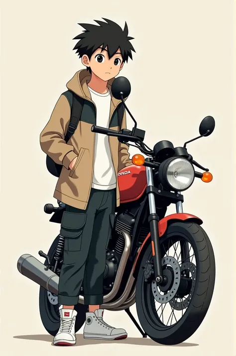 A boy standing next to a Honda motorcycle, that he is dressed in dark lead colored cargo pants, a beige and black windbreaker, white t-shirt, white tennis shoes and have slightly slanted eyes