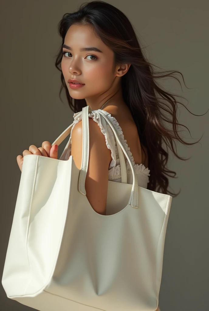 Fashion model girl holding a white tote bag, High resolution, Best Quality, Ultra high definition, Textured skin, movie撮影, movie, 