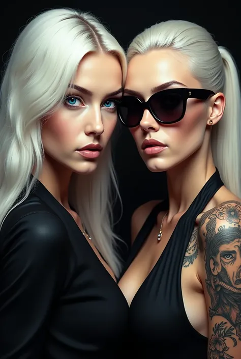 A couple of blue-eyed mafia women, one with long white hair without tattoos wearing black clothes and another with sunglasses, white hair with ponytail and tattoos