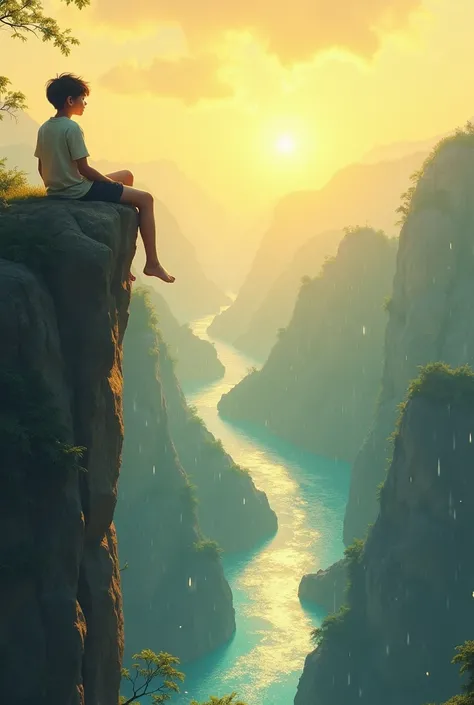 A boy sitting on a high stone , and below a crystal clear river far below , It is afternoon, almost night, with a yellow color due to the setting sun and a few drops of rain falling. 