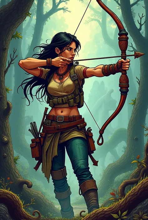 A Chilean female hunter with bow comic drawing style, hunting some creatures 