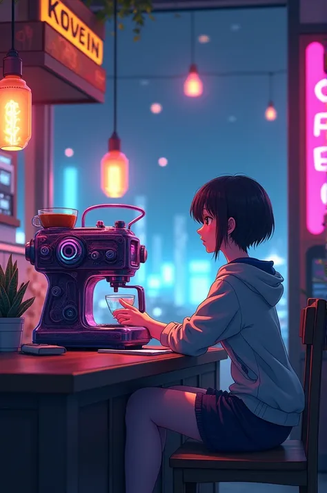 Anime format image, and in a futuristic style, of a young adult in a coffee shop, sitting at a table near the window; The coffee maker has details with a predominance of neon colors and the view of whoever sees the image is from the window, viewing the you...