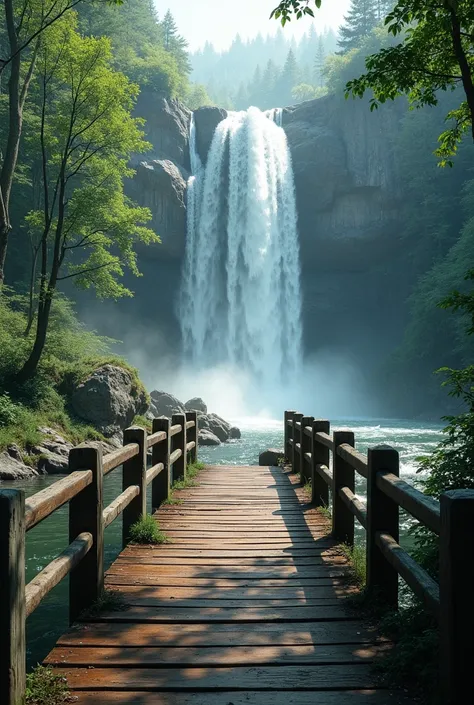 A wooden bridge in the middle of the forest and a huge waterfall 