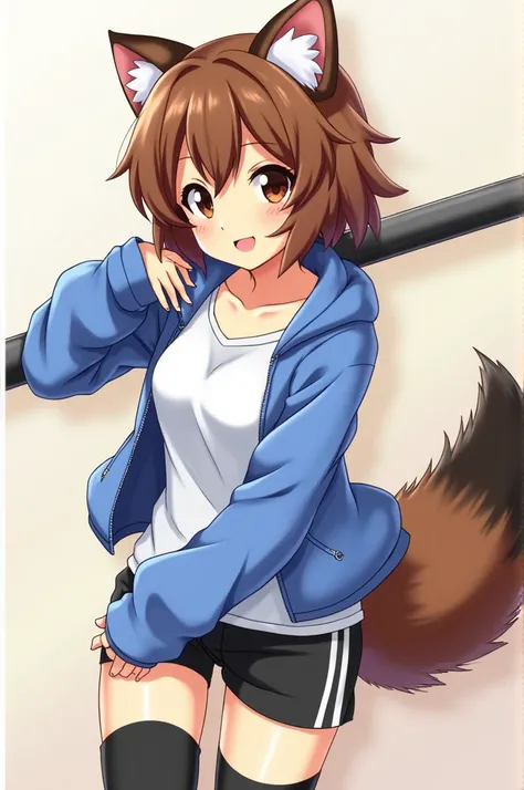 female anime character with dark brown eyes, brown hair, a white shirt, blue slightly zipped jacket, black shorts with white line, black leg warmers, fluffy ears and tanuki tail, posing coolly with right arm leaning on a sword (in a colorful style) 