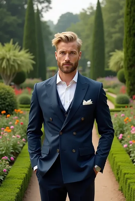 a blond man in a blue suit with a crown in a garden




