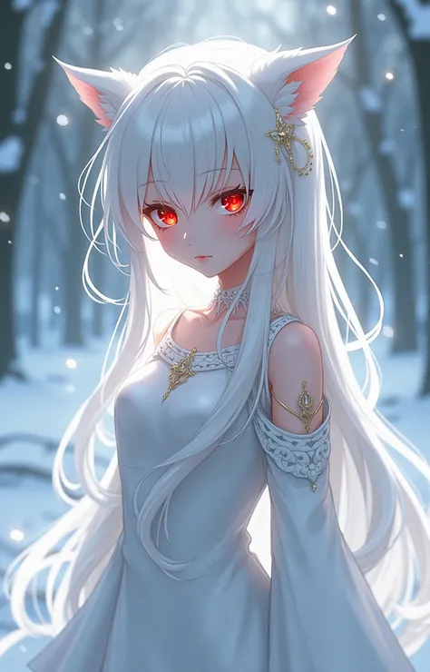 create an anime character with snow-white hair. eyes red as blood. beautiful as a tree
