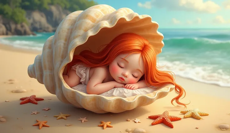 Baby inside a sea shell, she is sleeping, She has red hair, orange hair, beach, starfish in the sand, beautiful drawing, disney drawing short hair, long hair,eyes closed, she has legs and is wearing a child&#39;s dress 