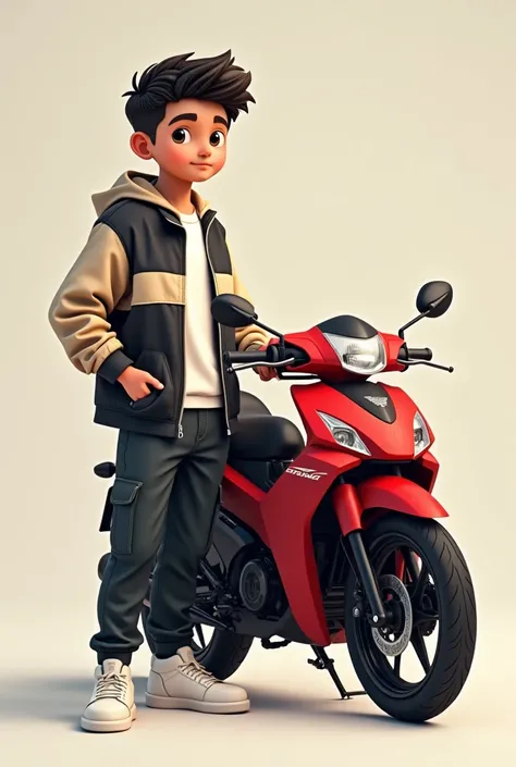 A boy standing next to a red Honda motorcycle, that he is dressed in dark lead colored cargo pants, a beige and black windbreaker, white t-shirt, white tennis shoes and have slightly slanted eyes