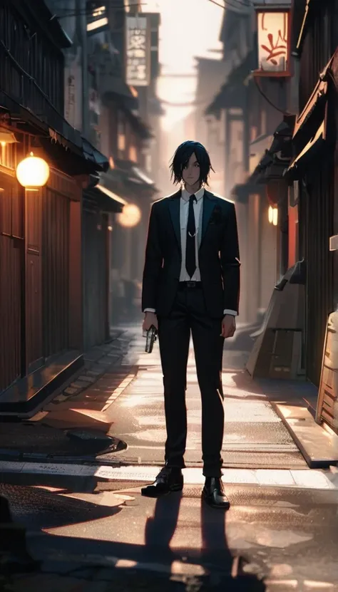 Create a night scene in a deserted, gloomy Japanese street. lighting: weak moonlight and dim street lamps.

tao:

Steht im Shadow, not clearly visible.

attire: black suit pants, white shirt with rolled up sleeves, loose black necktie.

Upper body to wrist...