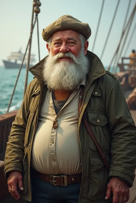 A man with short white hair, round white beard, fat and looks like a sailor 