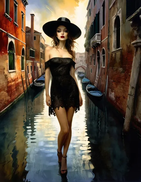 a drawing of a sexy girl with a hat standing in front of a canal in Venice, 1 girl, outdoors, alone, day, sandals, hat, sexy dress, building, sky, long hair, flower, bare shoulders, landscape, maximum detail backgrounds, eroticism, sexy, black and white im...