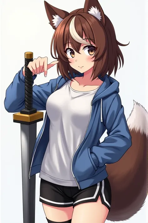 female anime character with dark brown eyes, brown hair, a white shirt, blue slightly zipped jacket, black shorts with white line, black leg warmers, fluffy ears and tanuki tail, in a cool pose with right arm leaning on a sword (in a very colorful style) 