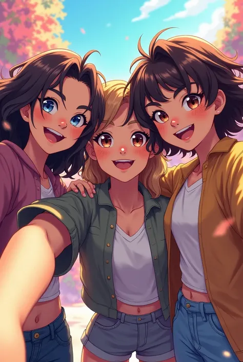 Three friends, two brunette African-American girls and a white boy taking an anime-style selfie