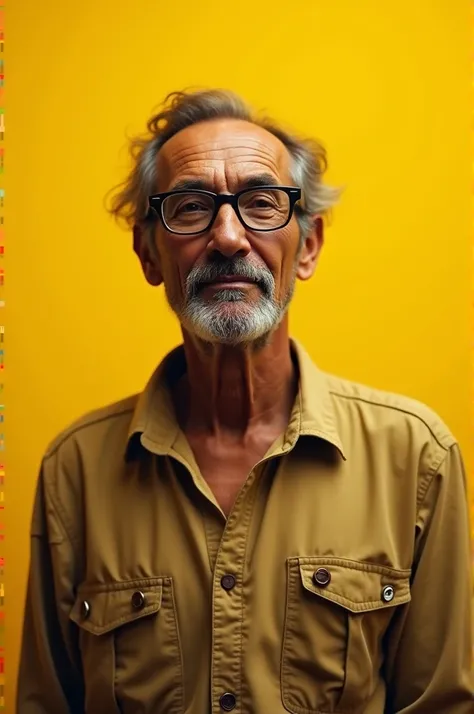 Make an image with the yellow background cover with the title Solon, rude, Cavalcante, the poet who enchanted the backlands with the image of a man who wears glasses, of average age and average height.