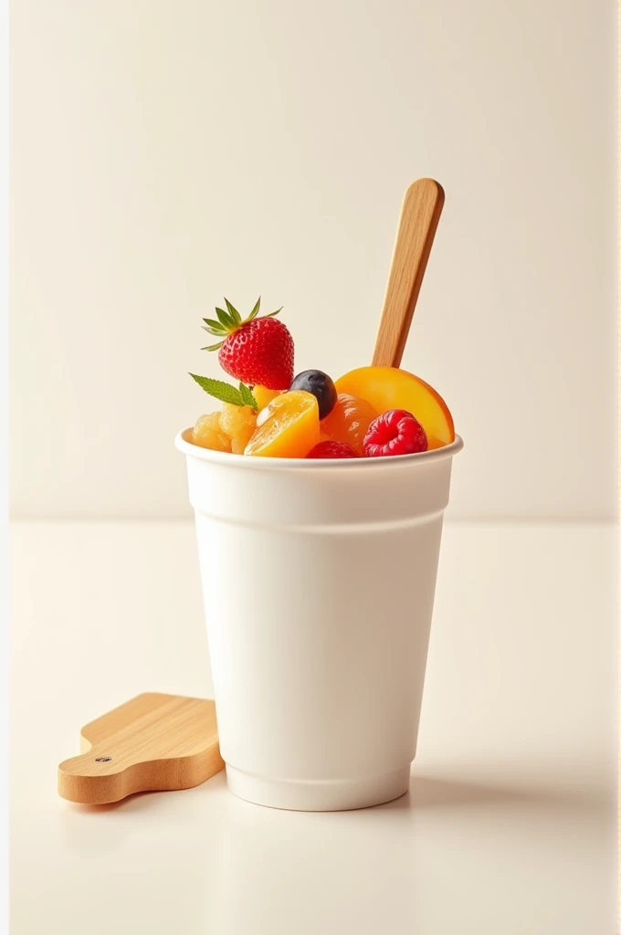 Make me a white plastic cup that has a fruit cocktail inside and a wooden paddle. 