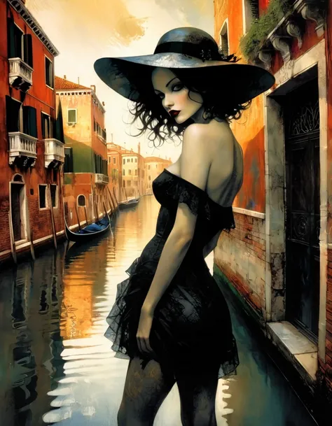 a drawing of a sexy girl with a hat standing in front of a canal in Venice, 1 girl, outdoors, alone, day, sandals, hat, sexy dress, building, sky, long hair, flower, bare shoulders, landscape, maximum detail backgrounds, eroticism, sexy, black and white im...