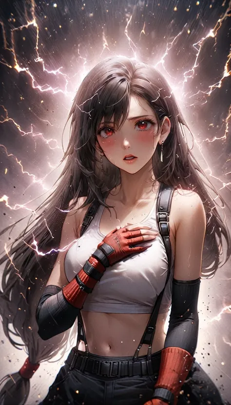 masterpiece, best quality, 1girl, defTifa, crying with eyes open, parted lips, electricity, hand on own chest, red eyes, low-tied long hair, earrings, white crop top, suspenders, arm warmers, red gloves, cowboy shot, ais-darkpartz