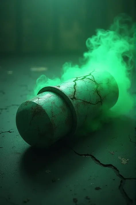 A broken rectangular capsule emitting green smoke