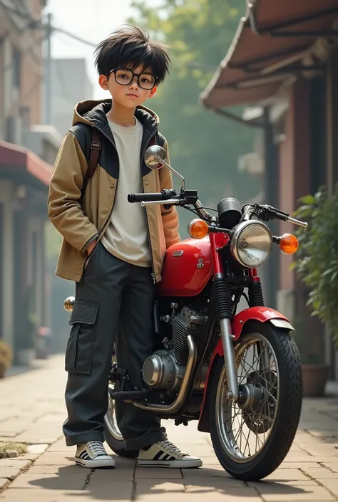 A boy standing next to a Honda CB160F red motorcycle, that he is dressed in dark lead-colored wide-leg cargo pants, a beige and black windbreaker, white t-shirt, white tennis shoes and slanted eyes with half-square glasses