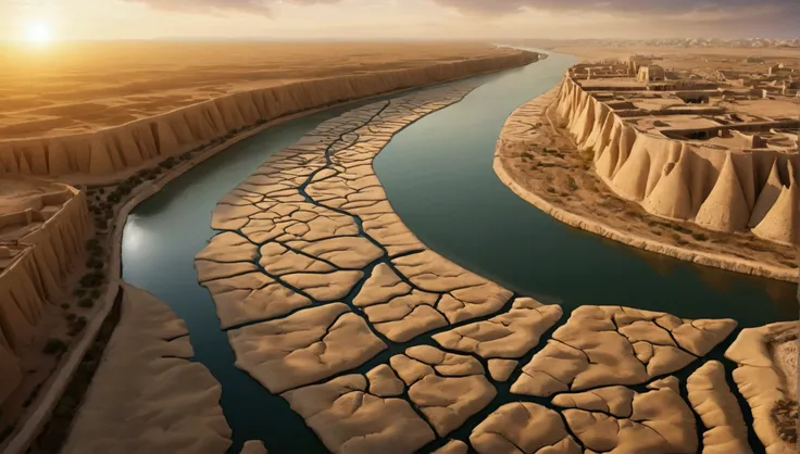 "An aerial view of the Euphrates River in a state of drought, with the water reduced to a trickle, revealing a cracked, dry riverbed. All around, the banks of the river expose ancient ruins and caves that were once submerged. The setting sun illuminates th...