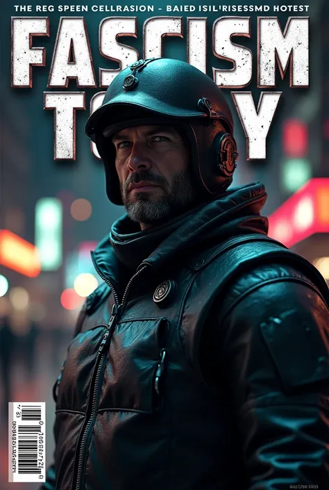 magazine cover, fake magazine cover, cover, fake cover, price, cover page, text focus, barcode, content rating, dated, The title at the top reads "Fascism Today" , metal letters,score_9,score_8_up,score_7_up,detailed clothes, dystopian city, night, bike, J...