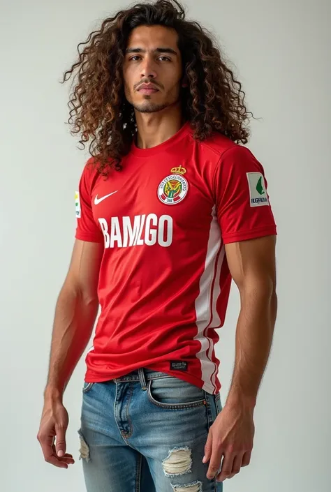 Brazilian of , long brown curly hair, White, Flamengo shirt, short jeans curto, Big chest, big ass
