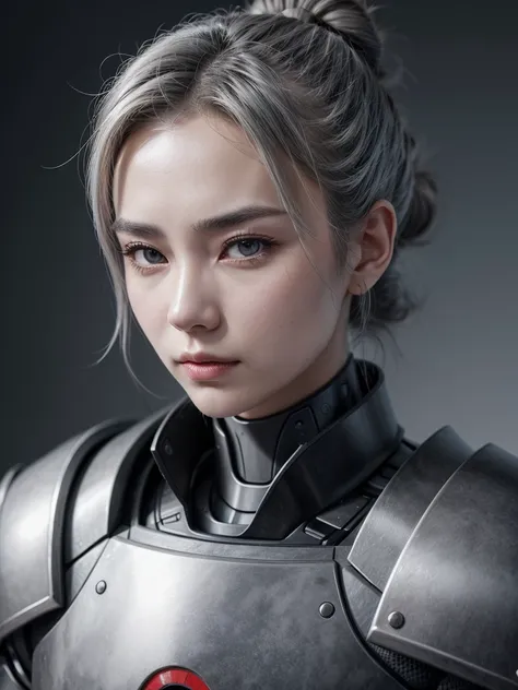 A gray haired samurai with a robotic armor, minimalist, realism, modern, high quality, grey hair, hair bun, brown eyes, portrait