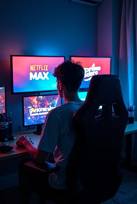 A young gamer has 4 television screens in his room and Netflix appears on the first screen, On the second screen Max appears, On the third screen, Prime Video appears and on the fourth screen, Disney appears., The room is dark with bright LED lights 