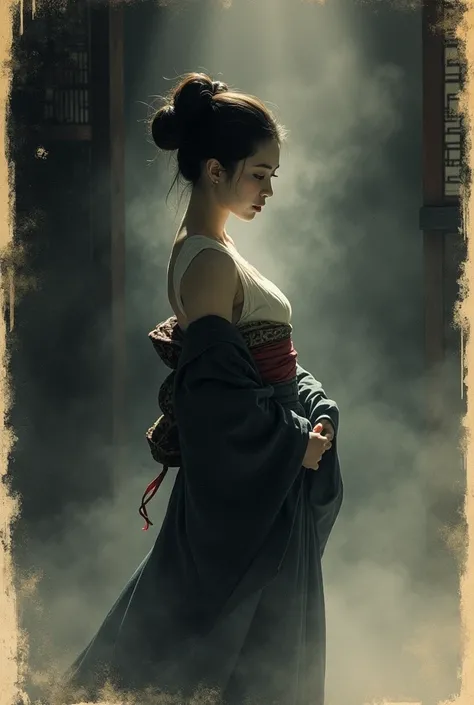 Ink Painting、Old paper texture、Damaged Paper、Old style、Faded color、Courtesan of Edo、Thick Fog、composition、Golden Ratio、Functional、grace、detail、background、Soft colors、Blurred Lines、In a dimly lit room at night、The courtesan loosens the hem of her kimono sli...