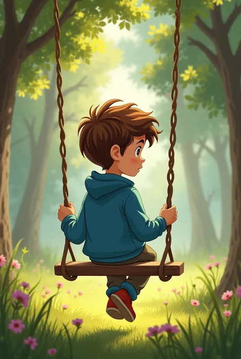 Create a Disney style image of a boy in a blue sweatshirt in a park with a swing, just pensive