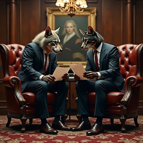 A werewolf and a cat man in suits sitting in a luxury office, side by side holding papers 