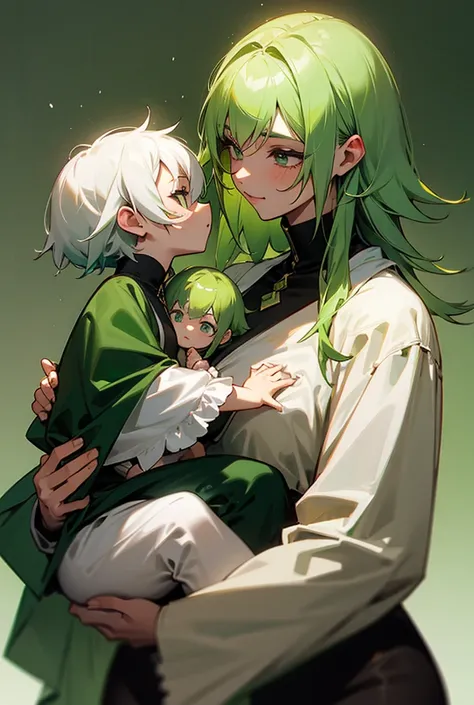 A green-haired woman holding two babies, one with green hair and the other with white hair