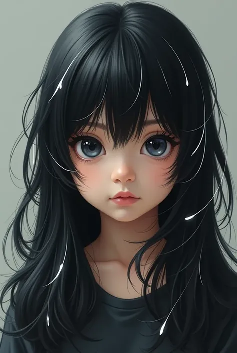 create an image of a child with long black hair with white streaks ,similar to a character from boku no hero