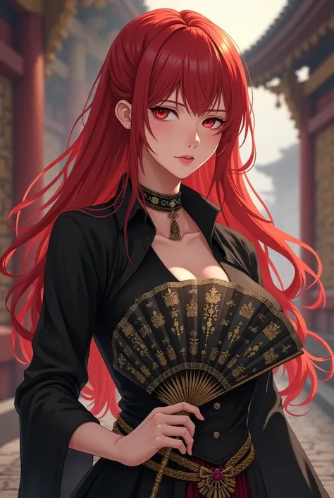 human,queen,female magician,woman,red hair,Black Shirt,white female job cause,big breasts,Age 28,jovial appearance,fan with many details in hand,serious face,medieval anime style.