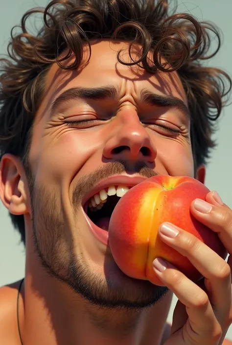 A man eating a peach with drool dripping from his mouth while blushing