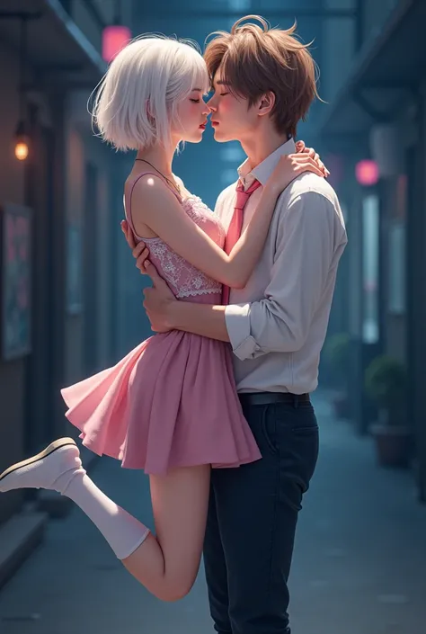 Real Korean woman with short semi-wavy all-white hair with bangs, blue eyes, dressed in a short pink dress with white lace and white stockings and school shoes ,hugging a real Korean man with wavy light brown hair dressed in white shirt and pink tie ,He em...