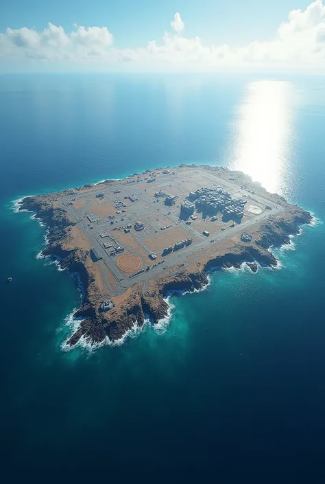 Large flat island in top angle with shooter video game art style without people and in the middle of the sea