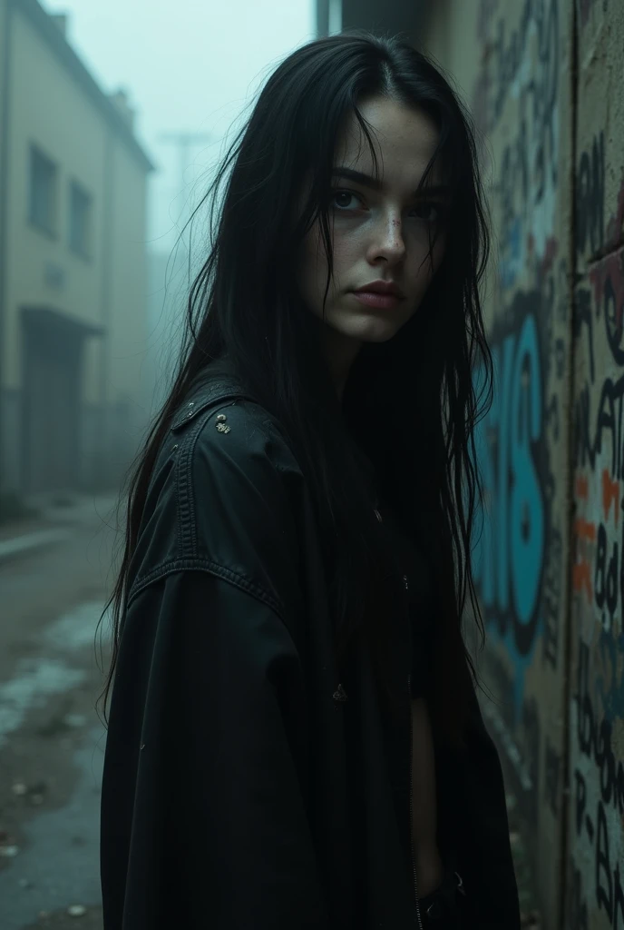 20 years, feminine, pale skin, long black hair, piercing eyes, cold expression, dark and torn clothes, leaning back posture, run-down urban environment, graffiti on the walls, fog around, close-up, low angle, dramatic side lighting, dark and intense atmosp...