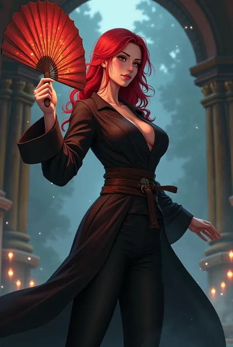 human,queen,female magician,woman,red hair,Black Shirt,white female job cause,big breasts,Age 28,jovial appearance,fan with many details in hand,serious face,full body,medieval anime style.