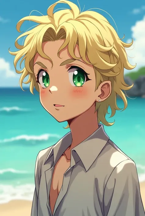 A (((character in the anime style of Jojos, Bizarre adventure showcasing a young man with a Androgen buld, clear green eyes, and a slightly curly, long, light yellow hair, in a warm sunny day with a serene blue ocean and a bright blue sky, highlighting the...