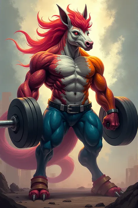 Create an image of a colorful muscular hybrid pony with red eyes holding two weightlifting dumbbells 