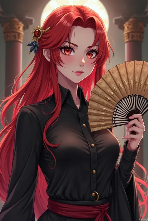 human,queen,female magician,woman,red hair,Black Shirt,white female job cause,big breasts,Age 28,jovial appearance,fan with many details in hand,serious face,medieval anime style.