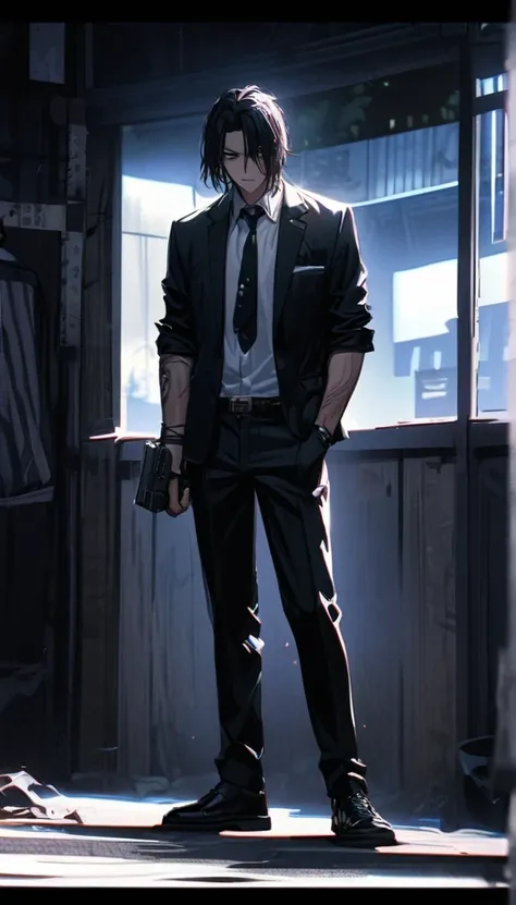 Create a night scene in a deserted, gloomy Japanese street. lighting: weak moonlight and dim street lamps.

tao:

Steht im Shadow, not clearly visible.

attire: black suit pants, white shirt with rolled up sleeves, loose black necktie.

Upper body to wrist...