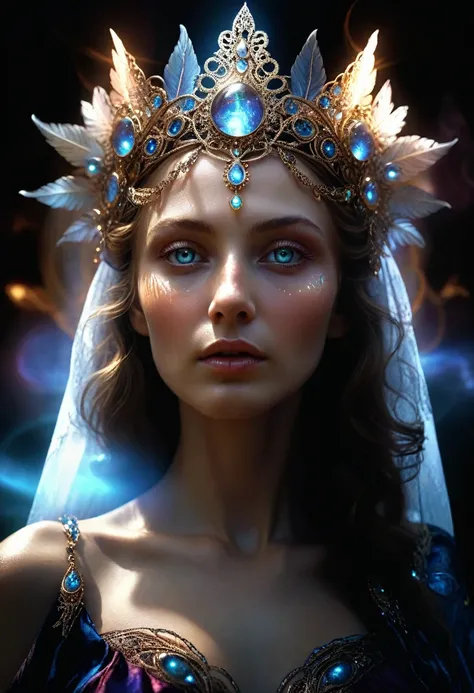 Imperfect Angels from ditrict №9. a woman with imperfect angelic features, intricate detailed face, beautiful eyes, delicate facial features, ornate headdress, flowing celestial robes, surreal glowing aura, magical ethereal elements, dark fantasy, chiarosc...