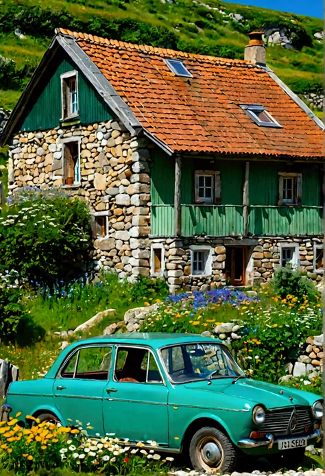 view of an old wooden house in a small village around stones and wild flowers, in front of an old rusty sea green car