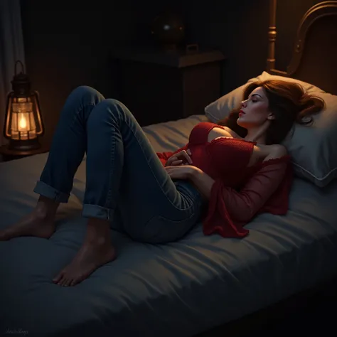 Limage est réaliste et détaillée, avec dautres détails intéressants. Une femme portant un jean et une chemise en dentelle rouge dort sur le dos sur le lit, les jambes à plat sur le lit, pieds nus. Obscurité dans la pièce, lumière de la lanterne, image déta...